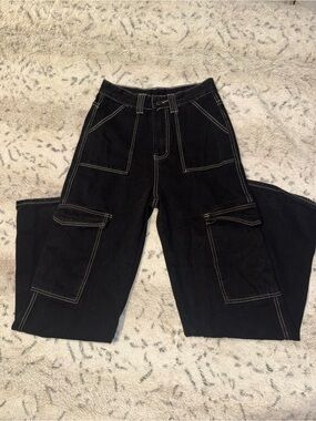 Black wide leg Cargo grunge pants with white stitching